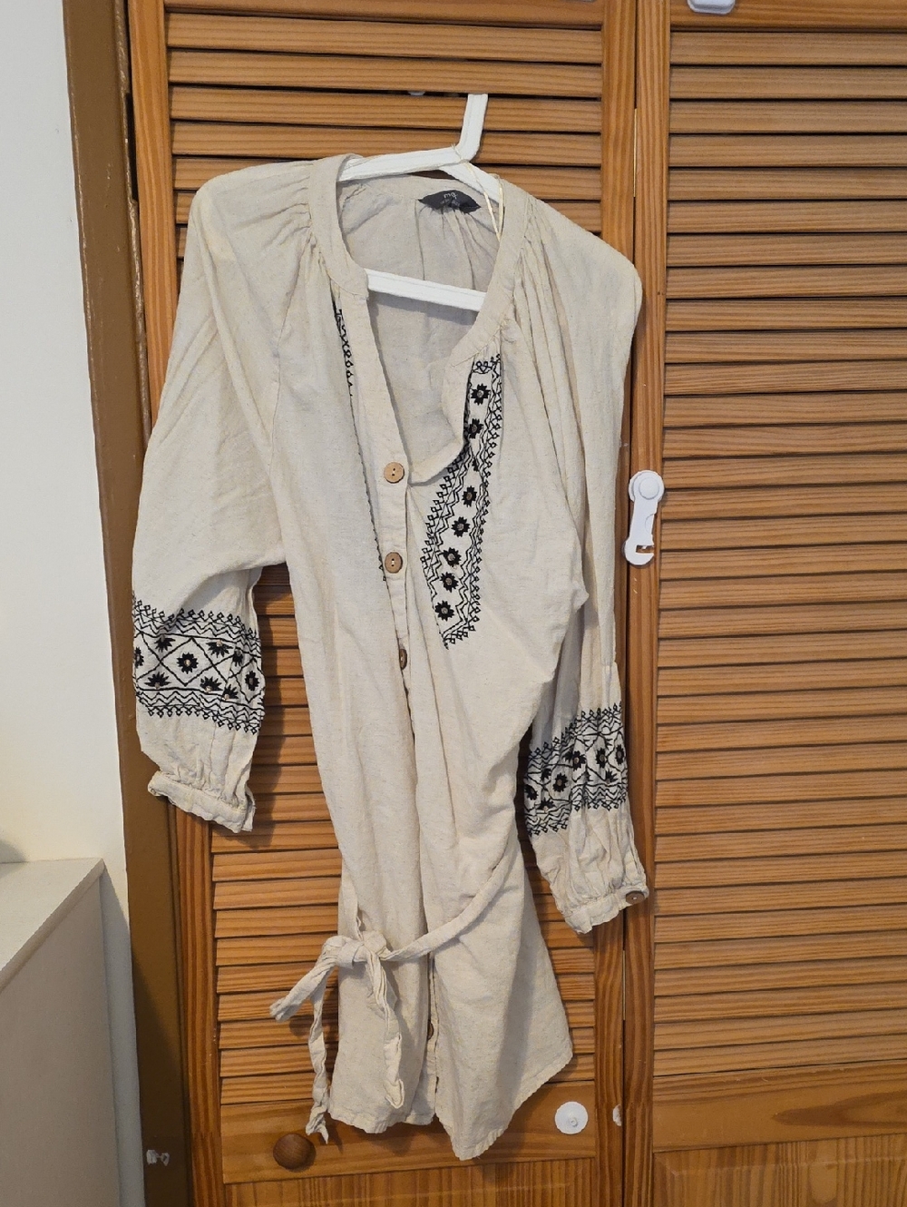 Embroidered Cream Boho Tunic with Black Folk Stitching